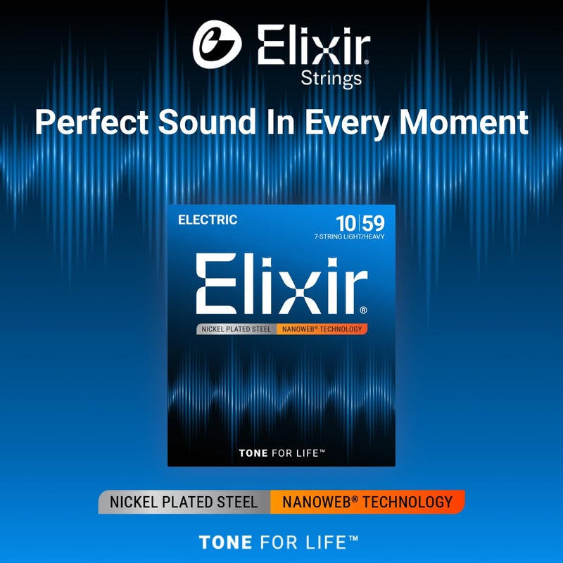 ELIXIR أوتار إليكسير، أوتار جيتار كهربائي، فولاذ مطلي بالنيكل مع تقنية NANOWEB، أطول مدة لسطوع الصوت مع شعور مريح، 7 أوتار خفيفة/ثقيلة 10-59 - Image 2